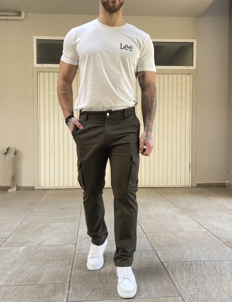 Ανδρικό cargo ίσιο χακί υφασμάτινο παντελόνι BO1682X φωτογραφία